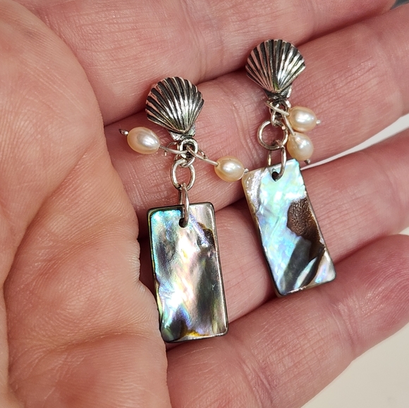 Genuine Sterling Silver Dangle Earrings With Abalone Shells & Freshwater Pearls - Picture 9 of 12